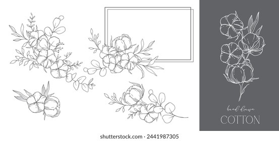 Hand Drawn Cotton Flowers Line Art Illustration. Cotton Balls isolated on white. Hand drawn floral frame. Cotton Plant Black and white illustration. Fine Line Cotton illustration. 