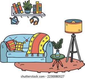 Hand Drawn couch with lamps on the carpet interior room illustration isolated on background