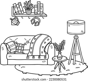 Hand Drawn couch with lamps on the carpet interior room illustration isolated on background