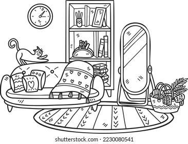 Hand Drawn couch with mirrors and shelves interior room illustration isolated on background