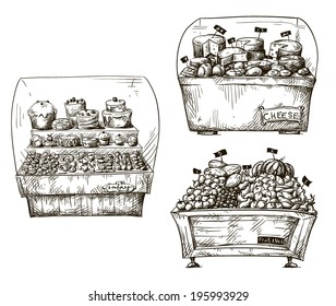 Hand drawn counters with bakery, fruit and vegetables, cheese. Shopwindow vector illustration. 