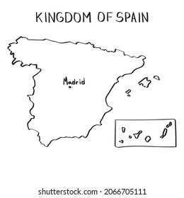 Hand drawn country map Kingdom of Spain with capital Madrid