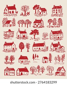 Hand Drawn Countryside Cottage and Tree Icons Set in Red, Rustic Rural Village Sketch Elements