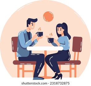 Dos personajes de Hand Drake sentados y bebiendo café en un estilo plano aislado en segundo plano