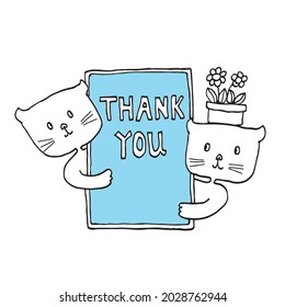 Hand drawn couple of cute little cat on white background holding Thank you card on soft blue background. Vector illustration in doodle art style