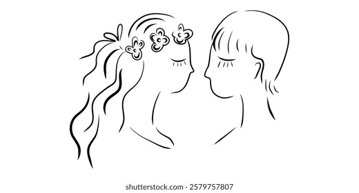 Hand drawn couple face to face with closed eyes, girl and boy looking at each other, love couple, romantic, faces