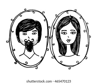 Hand drawn couple faces. Wedding invitation card with bride and groom. hand drawing, vector illustration.