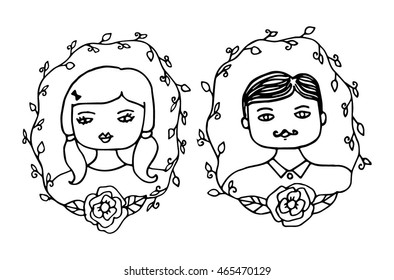 Hand drawn couple faces. Wedding invitation card with bride and groom. hand drawing, vector illustration.