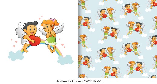 Hand drawn of the couple fairy flying with the wings and playing on the rainbow of illustration