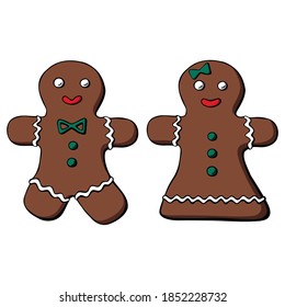 Hand drawn couple of Gingerbread men. Christmas cookies