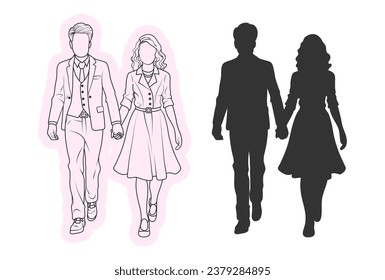 Handgezeichnetes Paar, das eine Handlinie mit Silhouette hält