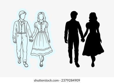 Hand drawn couple holding hands line art with silhouette