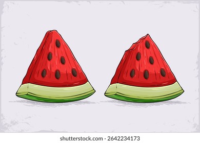 Hand drawn couple of juicy delicious red watermelon slices with black seeds, fresh summer fruit half cut