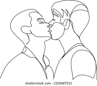 Hand drawn couple line art vector illustration. Man kiss sketch. Happy together. Lovers outline drawing. Love concept. Gay couple kissing. Lgbt concept.Gay Couple line vector illustration. Love print.