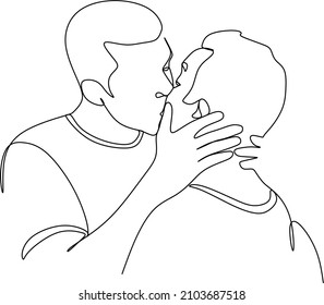 Hand drawn couple line art vector illustration. Man kiss sketch. Happy together. Lovers outline drawing. Love concept. Gay couple kissing. Lgbt concept.Gay Couple line vector illustration. Love print.