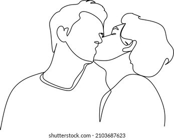Hand drawn couple line art vector illustration. Man kiss sketch. Happy together. Lovers outline drawing. Love concept. Gay couple kissing. Lgbt concept.Gay Couple line vector illustration. Love print.