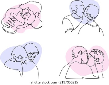 Hand drawn couple line art vector illustration. Man kiss sketch. Happy together. Lovers outline drawing. Love concept. Gay couple kissing. Lgbt concept.Gay Couple line vector illustration. Love print.