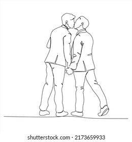 Hand drawn couple line art vector illustration. Man kiss sketch. Happy together. Lovers outline drawing. Love concept. Gay couple kissing. Lgbt concept.Gay Couple line vector illustration. Love print.