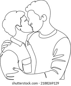 Hand drawn couple line art vector illustration. Man kiss sketch. Happy together. Lovers outline drawing. Love concept. Gay couple kissing. Lgbt concept.Gay Couple line vector illustration. Love print.