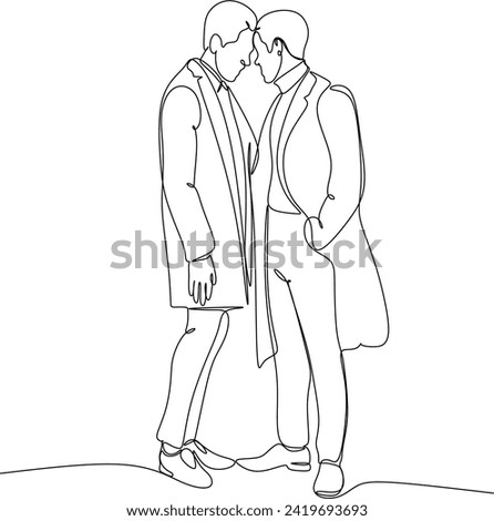 Hand drawn couple line art vector illustration. Man kiss sketch. Happy together. Lovers outline drawing. Love concept. Gay couple kissing. Lgbt concept.Gay Couple line vector illustration. Love print.