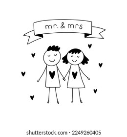 Hand drawn couple in love. Bride and groom cute doodles. Vector wedding illustration