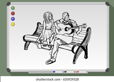 Hand drawn couple bench and guitar  Whiteboard drawing  Vector illustration