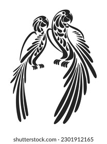 Hand drawn couple of parrots in love, black silhouette with ornament. Stencil, tattoo, illustration, vector	
