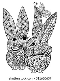 Hand drawn couple rabbits lovers illustration for adul anti stress Coloring Page with high details isolated on white background, in zentangle style. Vector monochrome sketch. Animal collection.