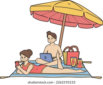 Hand Drawn couple sunbathing at sea illustration in doodle style isolated on background