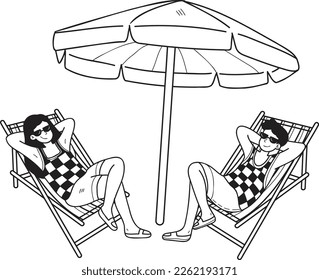 Hand Drawn couple sunbathing at sea illustration in doodle style isolated on background