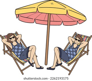 Hand Drawn couple sunbathing at sea illustration in doodle style isolated on background
