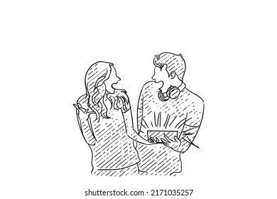 Hand drawn of couple surprised with a video mobile game shown on smartphone. Vector illustration design