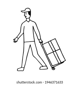 Hand drawn courier character with cargo boxes. Doodle courier illustration with cargo boxes. Courier delivery service concept