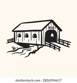 Hand drawn covered bridge vector icon for Vermont countryside and travel themes