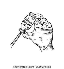 Hand drawn Covid-19 coronavirus vaccine. Treatment for coronavirus covid-19, sketch style. symbol vector illustration