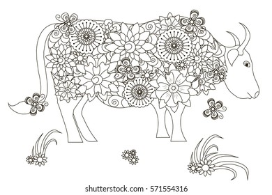 Hand drawn cow, black and white anti stress vector illustration