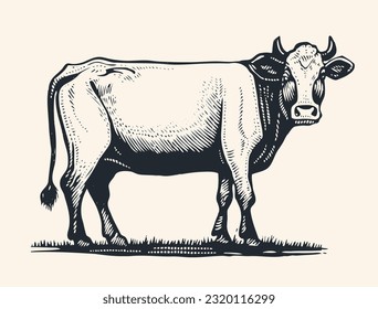 Hand Drawn Cow. Engraving Style. Vector Illustration