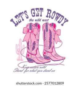 Hand Drawn Cow Girls Boot. vintage retro cow girl tee. text letter. desert print design. girls graphic. summer vector. cactus drawing. cow girl. print design