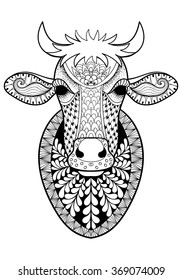 Hand drawn Cow head patterned for adult anti stress coloring page A4 size in doodle, zentangle style, ethnic ornamental patterned print, monochrome sketch. Floral printable vector illustration.
