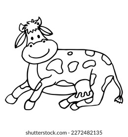 Hand drawn cow lying isolated on white background. Cute domestic animal