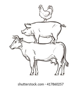 hand drawn cow, pig, chicken. vector illustration