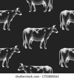 Hand drawn cow seamless pattern. Vector farm illustrations on chalk board. Vintage farm animals background