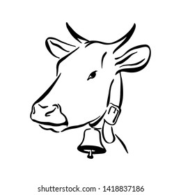 Hand drawn cow sketch illustration. Vector black ink drawing farm animal, outline silhouette isolated on white background. 