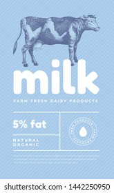 Hand drawn cow in the technique of engraving. Template for your logo, emblem, poster with a rural animal. Design dairy organic products for markets and shops. Vector retro illustration.