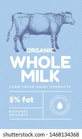 Hand drawn cow in the technique of engraving. Template for logo, emblem in vintage style for dairy stores with high quality food. Design dairy products for farmers markets. Vector retro illustration.