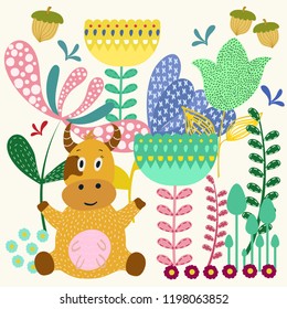 Hand drawn cow. Vector cute card with flower and plants. Vector illustration.