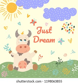 Hand drawn cow. Vector cute card with flower and plants. Vector illustration.