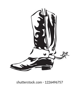 Hand drawn cowboy boot with spur. Wild west leather footwear vector illustration. Black isolated on white background. 