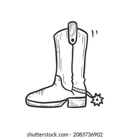 Hand drawn cowboy boot with spur element. Comic doodle sketch style. Boot for cowboy, western concept icon. Vector illustration.