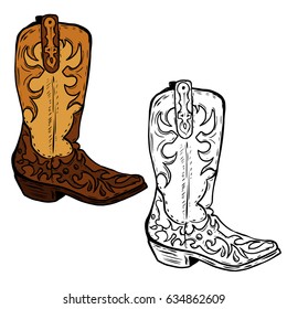 Hand drawn Cowboy boots illustration. Design element for poster, flyer. Vector illustration